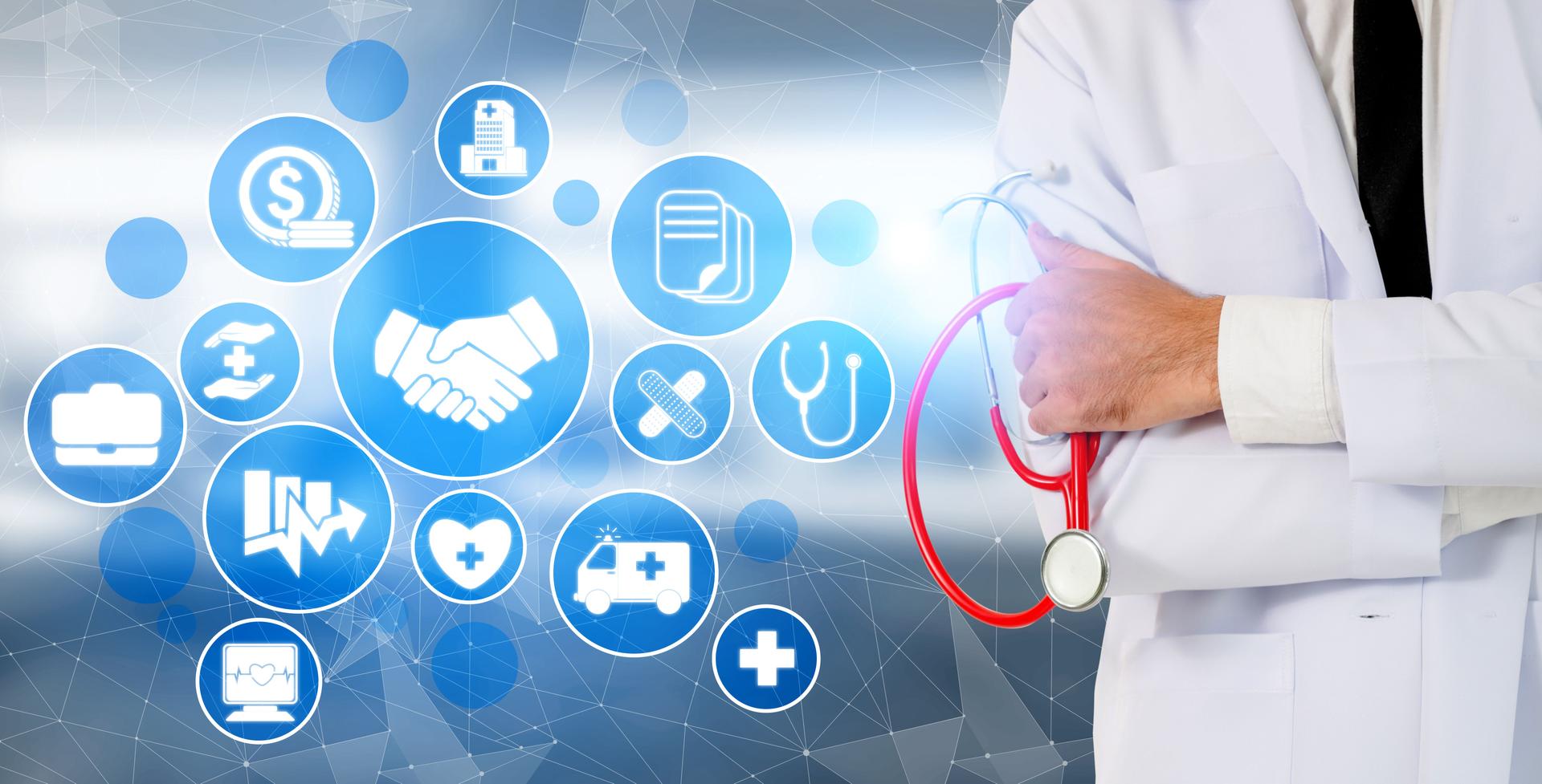 Health Insurance Concept - Doctor in hospital with health insurance related icon graphic interface showing healthcare people, money planning, risk management, medical treatment and coverage benefit.