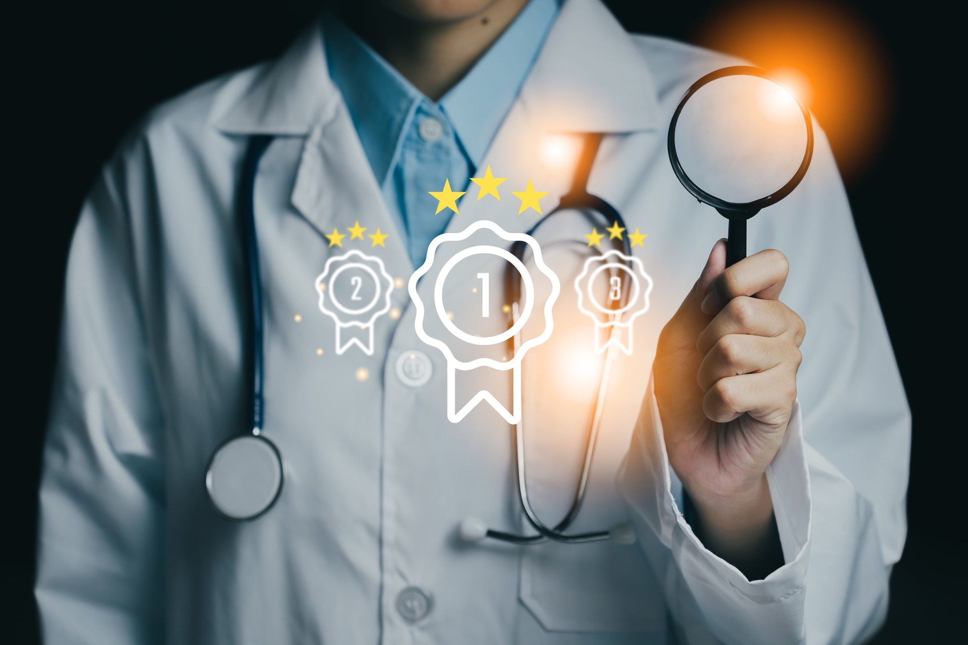 Medical professional holding a magnifying glass, symbolizing quality and excellence in healthcare.